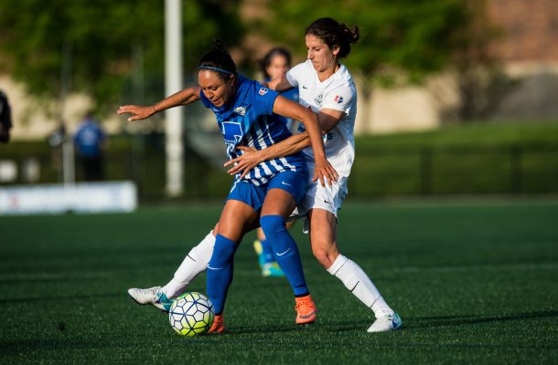 Allston, MA - Sunday, May 22, 2024: Boston Breakers forward Kyah Simon (17) and FC Kansas City midfielder Yael Averbuch (10) during a regular season National Women's Soccer League (NWSL) match at Jordan Field.